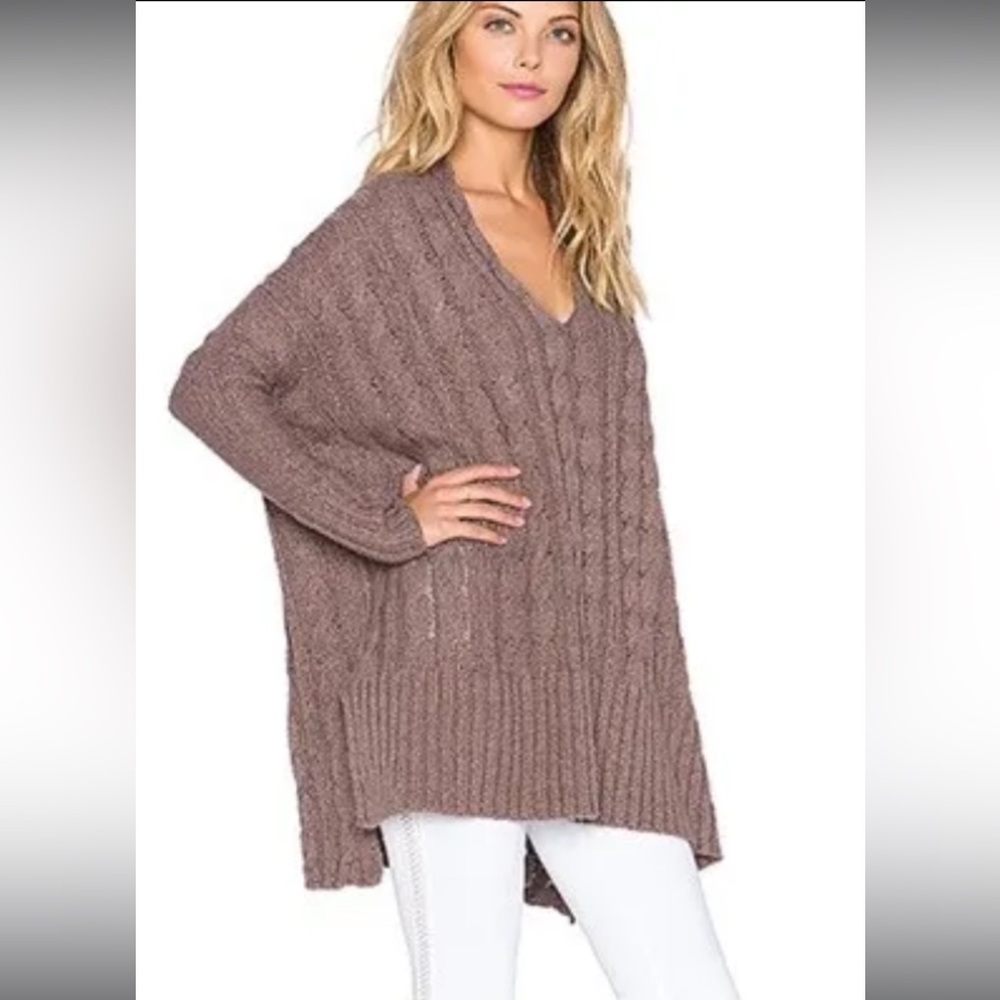 Free People Easy Cable V-Neck Sweater, Mushroom/Taupe